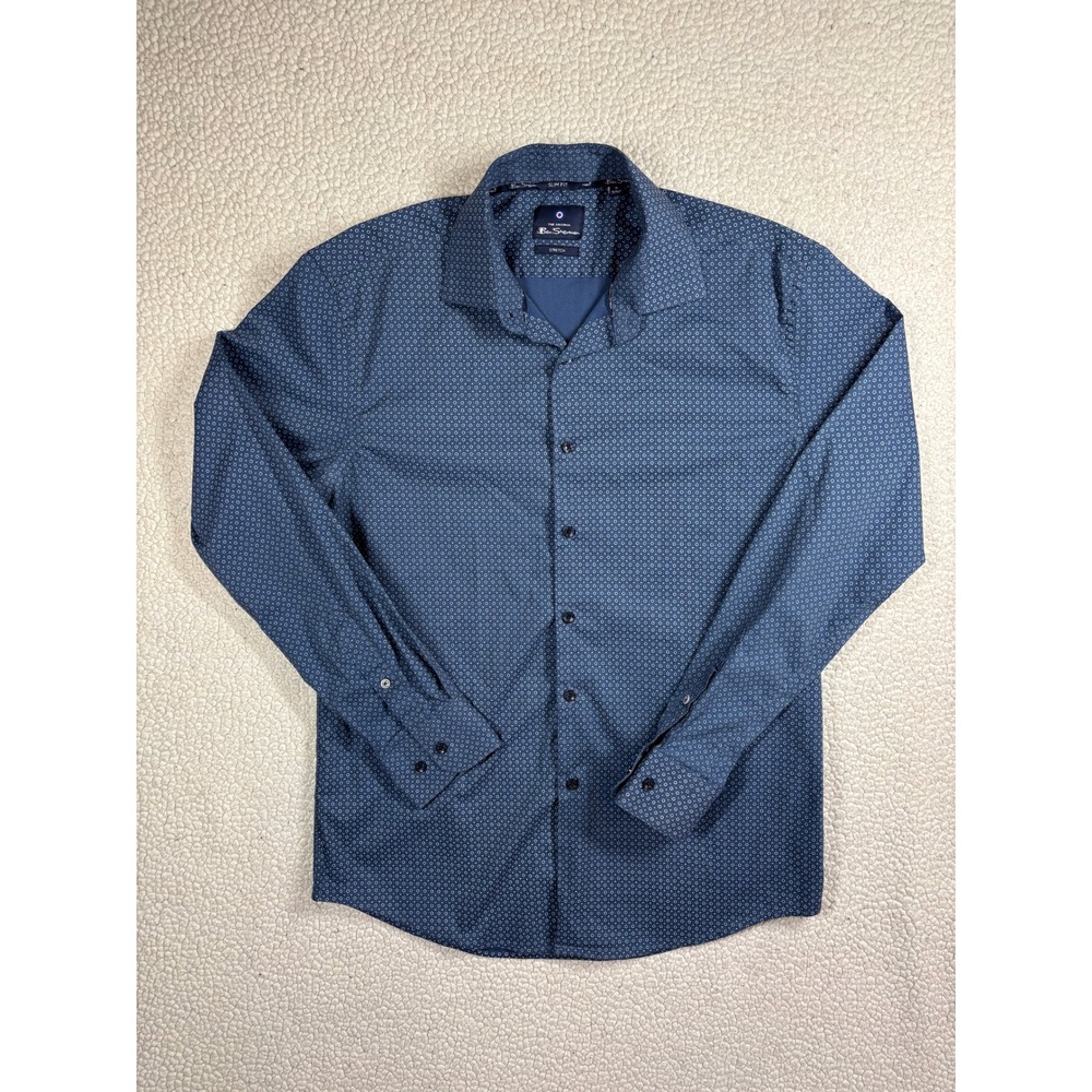Ben Sherman Mens Slim Fit M 15/15.5 Stretch Button Down Shirt Blue Geometric Med